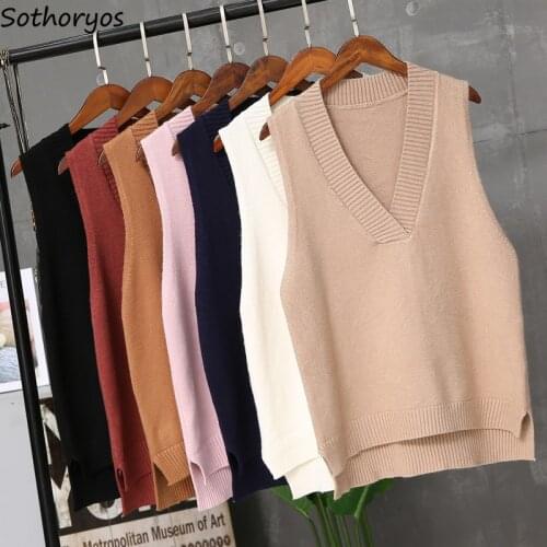 Women Sweater Vests Solid Simple Fashion Ulzzang Elegant Gentle All-match Harajuku Streetwear Side-slit Jumpers Vintage Leisure