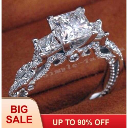 Vintage Women ring Silver color Princess cut 2ct Gem AAAAA zircon cz Wedding Finger band Rings for women