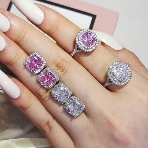 2pcs Pack 925 Sterling Silver Jewelry Set Halo Engagement Ring Round Stud Earring For Wedding Christmas Gift Party J6030