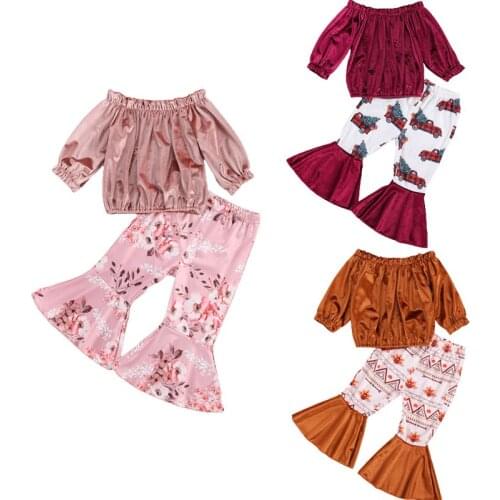 2020 Fashion Kids Baby Girls Clothes Sets Velvet Long Sleeve Off Shoulder Tops Print Flare Pants 2pcs Autumn Outfit