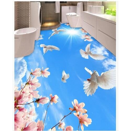 3D wallpaper floor for living room Flowers sky ceiling frescoes PVC waterproof floor self-adhesive 3D floor