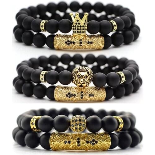 2pcs / Set Natural Stone Beads Mens Bracelet National Style Small Crown Double Energy Bracelet Classic Matte Black Jewelry