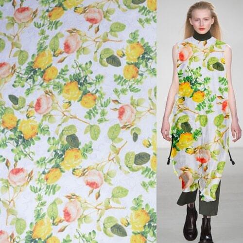 Floral design yellow rose print pure silk fabric silk organza fabic,SOZ097