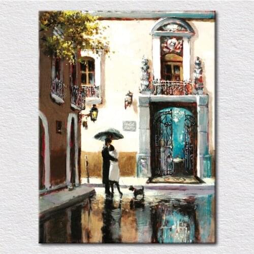 Print handpainted Oil Painting romantic Cityscape Modern Wall Art Canvas Pictures Rainy Day in the City street