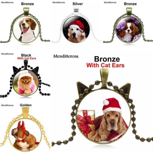 Mendittorosa Small Dog Silver Plated Jewelry Glass Cabochon Choker Long Pendant Necklace For Women Kids