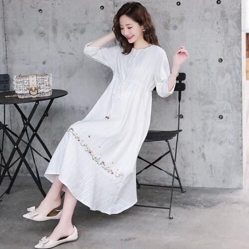 Fashion Pregnancy Clothes Spring Summer Dress Cotton Maternity Dresses Pregnant Embroidery Long White Dress Loose Plus Size