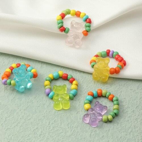Fashion Resin Animal Rings Womens Cute/Romantic Candy Color Bear Color Meters Bead Stretch Rings Jewelry for Girls
