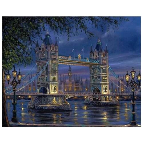 Night scenery-bridge River view Art Needlework 14CT Canvas Unprinted Handmade Embroidery Cross Stitch Kits DIY Home Decor