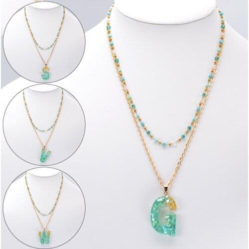New Fashion 26 Initial Green English Letter Pendant Necklace Long Clavicle Chain Bohemia Beaded Alphabet Choker for Girls Women