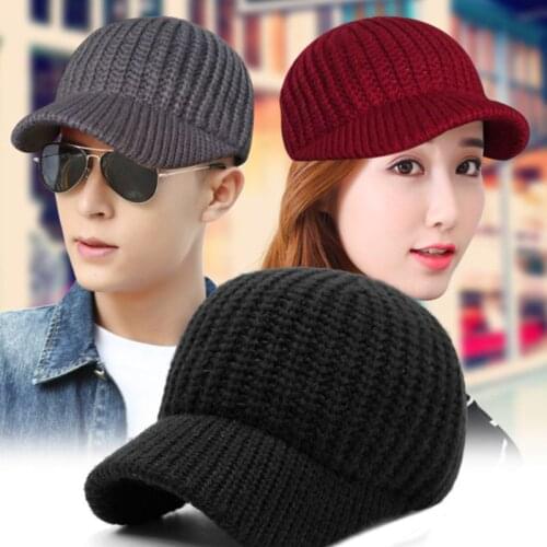 Unisex Winter Autumn Chunky Knitted Baseball Cap Handmade Crochet Solid Color Warm Slouchy Outdoor Beanie Hat with Visor