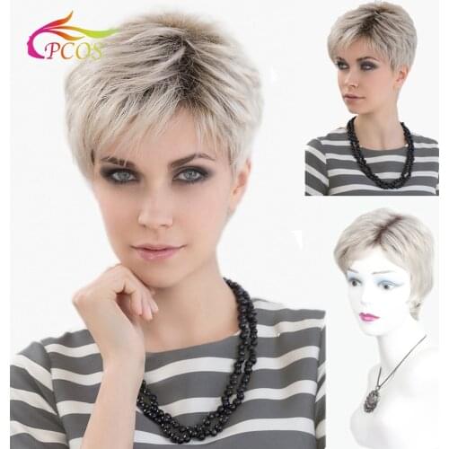 Short Blonde Synthetic Dark roots Wig for Black Women Daily Hair Natural Straight Wigs with Bangs