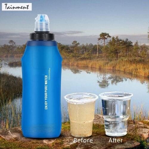 600ml Portable Water Filter TPU Folding Bottle Survival Kit for Hiking Travel Emergency safe Supplies