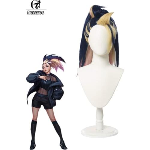 ROLECOS LOL KDA Baddest Akali Cosplay Wig KDA Cosplay Game LOL Akali Wig Mixed Color Ponytail 50CM Long Hair For Women Headwear