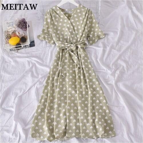 2021 Heart Print Women Summer Midi Dress Ladies Casual V Neck Short Sleeve Long Beach Sundress Female Ruffles Dresses With Belt