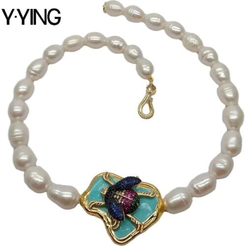 Y·YING natural Cultured White Rice Pearl Blue howlite Insect Cz Pave choker Necklace 19'' ethnic style for women