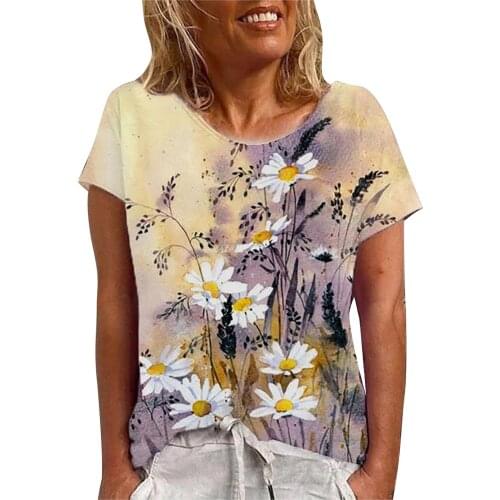 Plus Size Womens Tops And Blouses Women Casual 3d Flowers Print Short Sleeves O-neck Loose Blouse Tops Blusas Mujer De Moda 2021