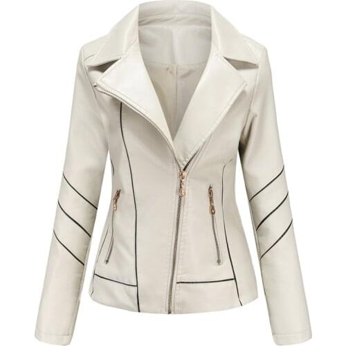 Womens PU Leather Jacket Biker Jacket with Zip Pockets Vintage Short Coat Autumn Spring