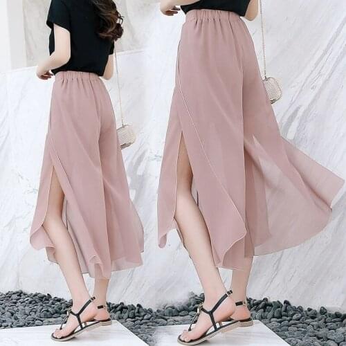 2021 Pink Black Chiffon Culottes High-Waisted Trousers Loose Casual Pants Slit Wide Leg Pants & Capris Female Calf-length Y862