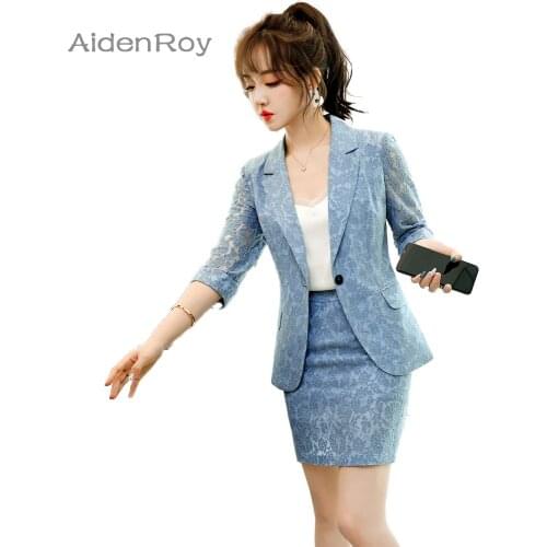 2021SS Female Elegant New Womens Skirt Suit Pink Jacquard Blazer Bussiness Jacket Office Lady 2 Pieces Set Plus Size S-4XL