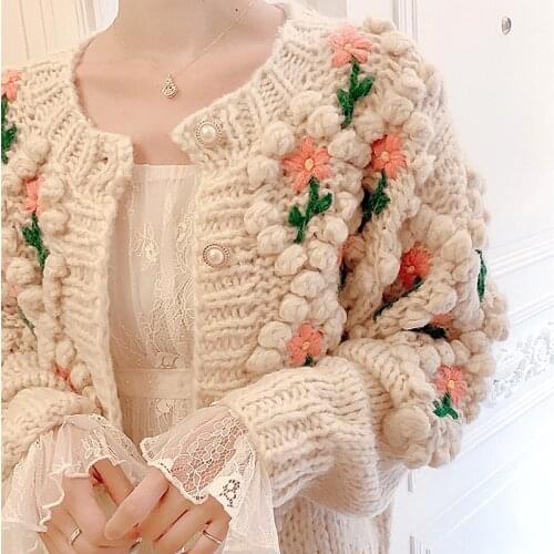 Luxury Handmade Floral Embroidery Autumn Winter Knit Coat Women Sweaters Cardigans Jackets Balls Outwear Coats Tops NS510