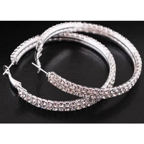 1 Pair Fashion Crystal Rhinestone Exaggerated Luxury Round Big Circle Double Row Crystal Earrings Female Ear Ring