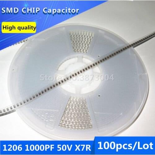 100pcs 1206 1000PF 50V X7R 10% Thick Film Chip Multilayer Ceramic Capacitor