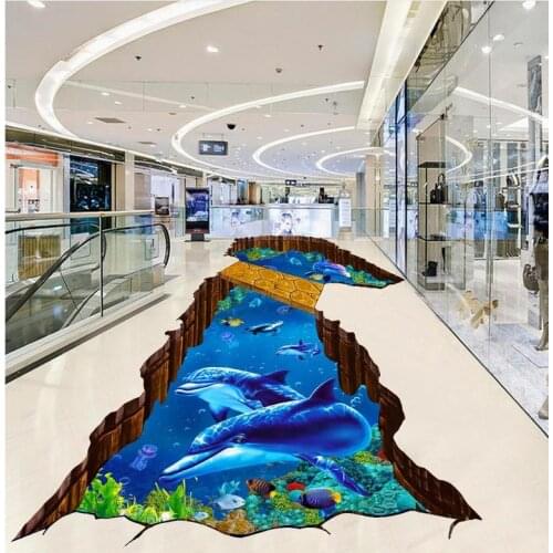 3d floor painting wallpaper Seabed Dolphin Wooden Bridge Outdoor Drawing 3D Floor 3d wallpaper pvc