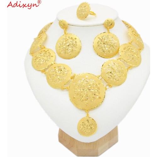 Adixyn Big Size Jewelry Sets for Women 24k Gold Color Copper Nigeria African Necklace Earring Ring Set Wedding Gifts N04214