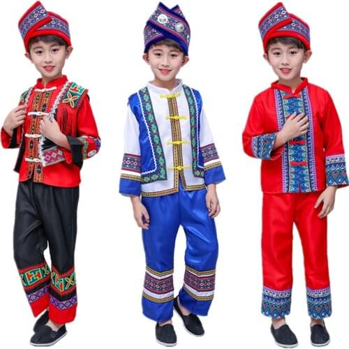 Kids Ancient Chinese Hmong Miao Costume Traditional Festival Stage Performance Waer Boys Print Folk Hanfu Dress Clothing Set