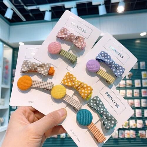 2 Pcs New Cute Kids Hair Accessories Fashion Simple Dot Fabric Bow Duckbill Clip Sweet Girl Childrens Button Lattice Hairpins