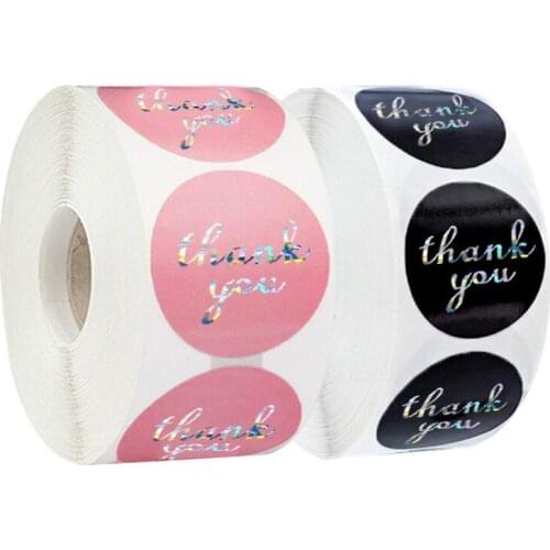 Laser 500pcs Thank you stickers for business Gift packing sealing labels sticker Round adhesive stationery sticker Pink Black