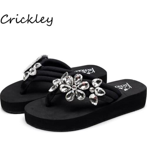 Summer Flip Flops Girl Rhinestone Flower Prints Eva Beach Children Slippers Flat Heels Black Solid Girls Slippers for 4t Kids