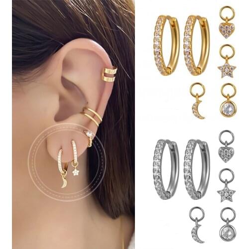 Minimalist two Hoop Earrings+four small pendants moon/star/cross/bead 925 Sterling Silver Earings for Women Fashion Jewelry Gift