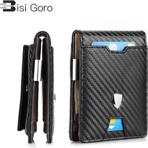 BISI GORO 2021 Multifunctional Wallet Men Fashion Carbon Fiber Card Holder Women RFID Blocking Case Protector PU Leather Purse