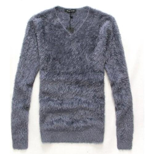 Mens pure color plush knitted pullover 2021 new autumn winter mens fashion casual v-neck long-sleeved slim warm sweater tops