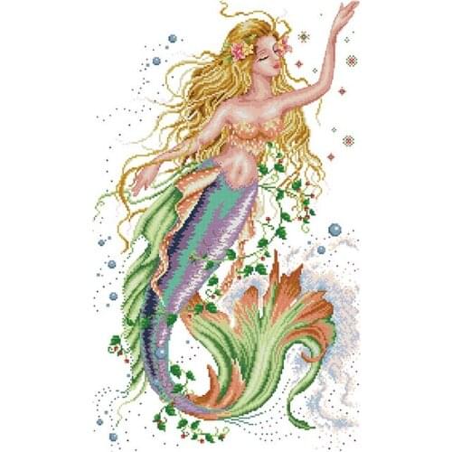 Cross Stitch Kits Stamped Full Range of Embroidery Starter Kits for Beginners DIY 14CT 2 Strands -the Mermaid 40X61cm