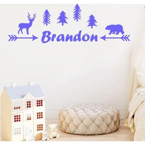 Custom Name Wall Sticker Kids Room Decoration Forest Animals Bear Deer Decal Arrow Pattern Mural Babys Bedroom Decor Colorful