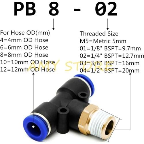 Pneumatic Air Tube Hose Push In Quick Connector T Equal Tee PB 4 6 8 10 12mm-M5" 1/8" 1/4" 3/8" 1/2" BSPT Threaded Pipe Fittings