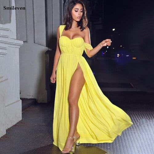 Smileven Yellow Chiffon Sweetheart Prom Dresses Sexy Side Split Pleats Off The Shoulder Longo Evening Party Gowns