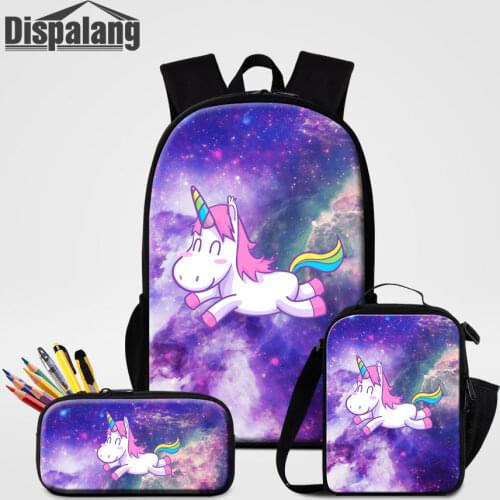 Heat Transfer Printing 3 PCS Bags Set For School Universe Space Unicorn Backpack With Lunchbox Penbox Girls Custom Logo Bookbag