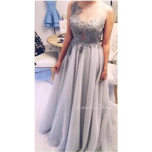 Freeshipping A Line O Neck Silver Gray Chiffon Lace Long Prom Dresses