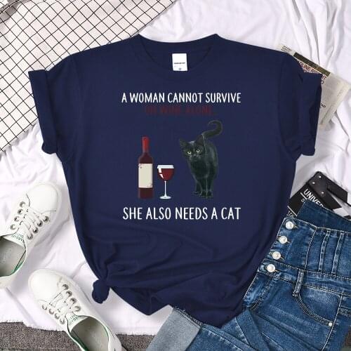 A Woman Cannot Survive On Wine Alone Print womens Tshirts Cartoon Loose Tshirt Home Crewneck Top Travering Soft Women T-shirts