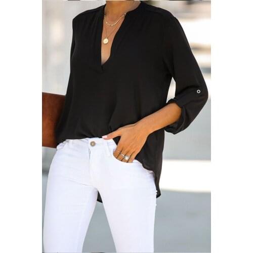 White/Apricot/Black Black Split Collar Roll Up Sleeve Blouse Women Sexy V Neck Split Collar Three Quarter Sleeve Casual Tops