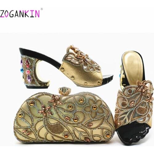 2019 Latest Slingbacks Nigerian Women Shoes and Bag for Party Italian Ladies Slipper with Shinning Crystal in Golden Color