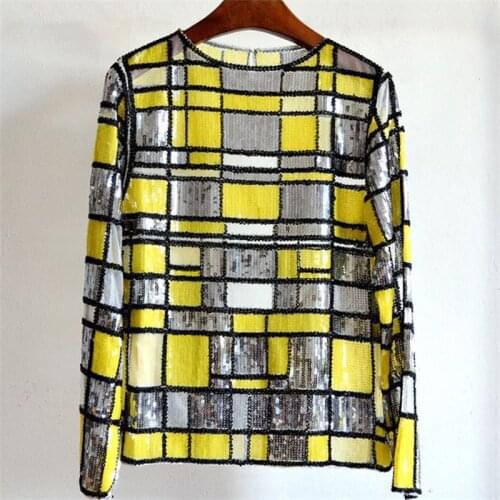 Women Spring Nail Beads Perspective Yarn Shirt Sequined Sexy Plaids Shinnig Long Sleeve Tops Women Shirts