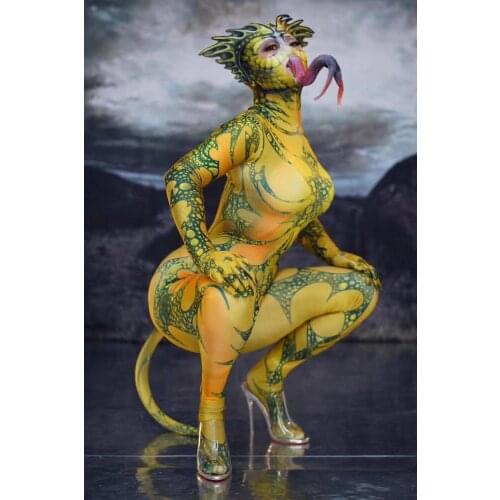 Nightclub bar female singer dance team Halloween lizard print jumpsuit costume