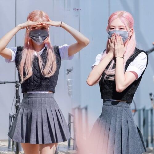 KPOP IU Seo Yea Ji ROSE Summer new fashion knit vest tops Short sleeved shirt+gray High waist Pleated skirt women two piece set