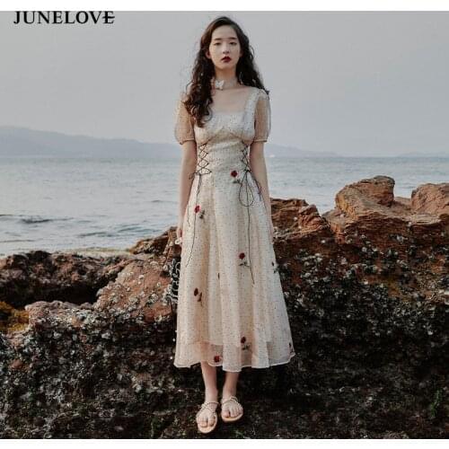 JuneLove Summer Women Princess Party Dress Square Collar Polka Dot Bandage Feminine Dress Floral Embroidery Elegant Mesh Dress