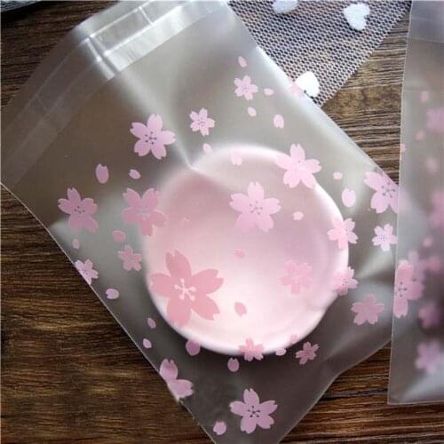 100pcs Light Pink Plastic Bags Cherry Blossom Self-adhesive Party Frosted Cellophane Bag, Self Seal Party Packaging Cookie Bags