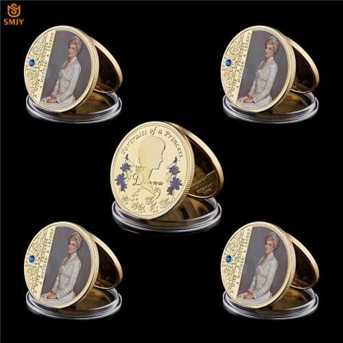 5Pcs UK Queen Diana Portrait With Blue Masonry And Last Rose Souvenir Gold Plated Metal Euro Celebrity Coin